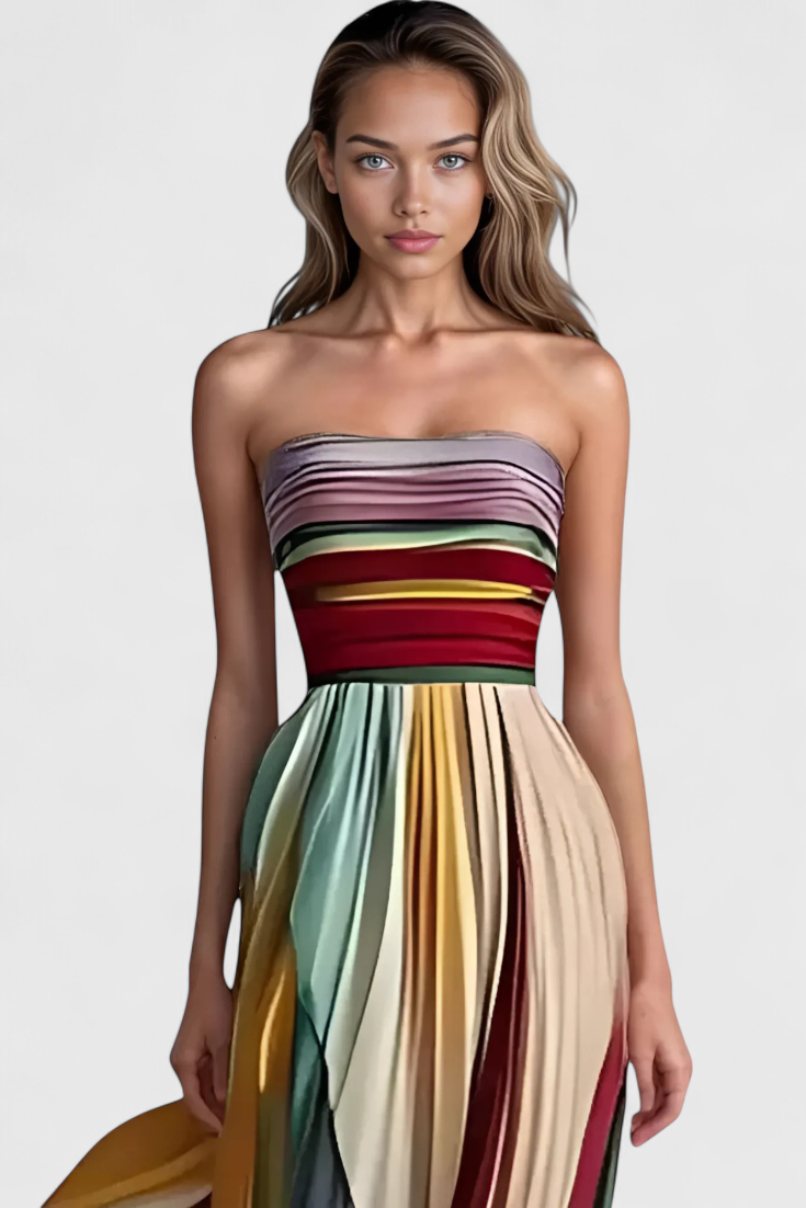 Leticia - Vestido maxi con corpiño de banda y paneles de color