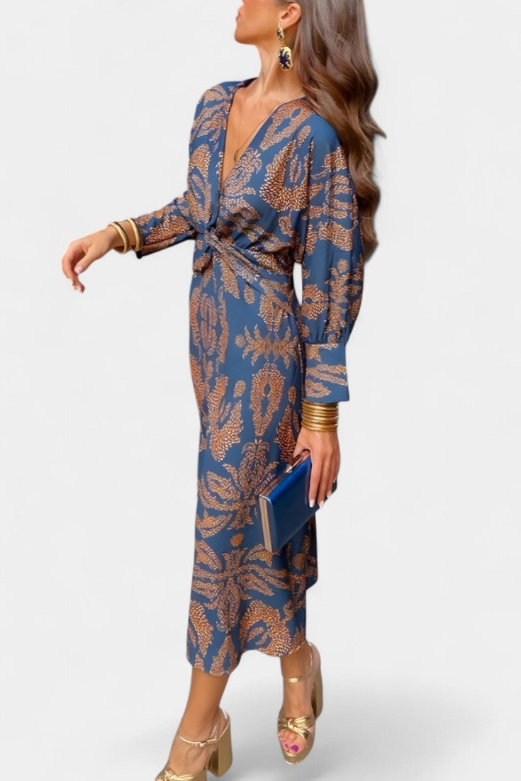 Elara - Vestido midi con nudo y estampado
