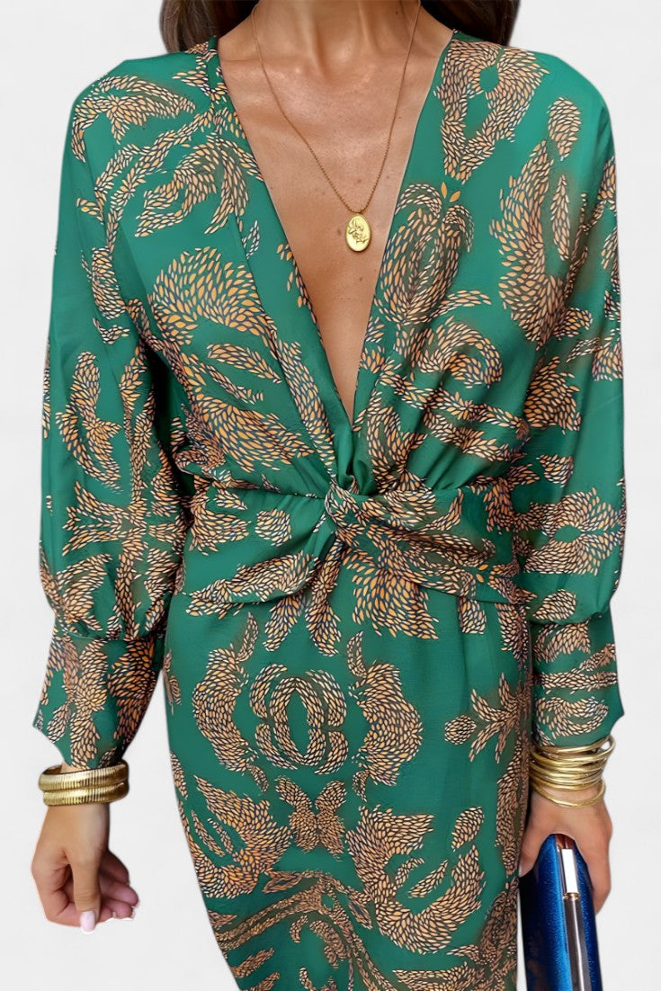 Elara - Vestido midi con nudo y estampado