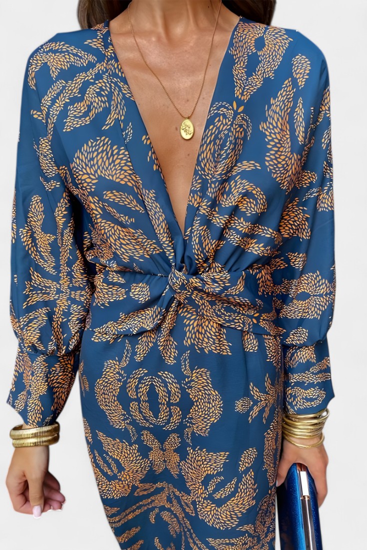 Elara - Vestido midi con nudo y estampado