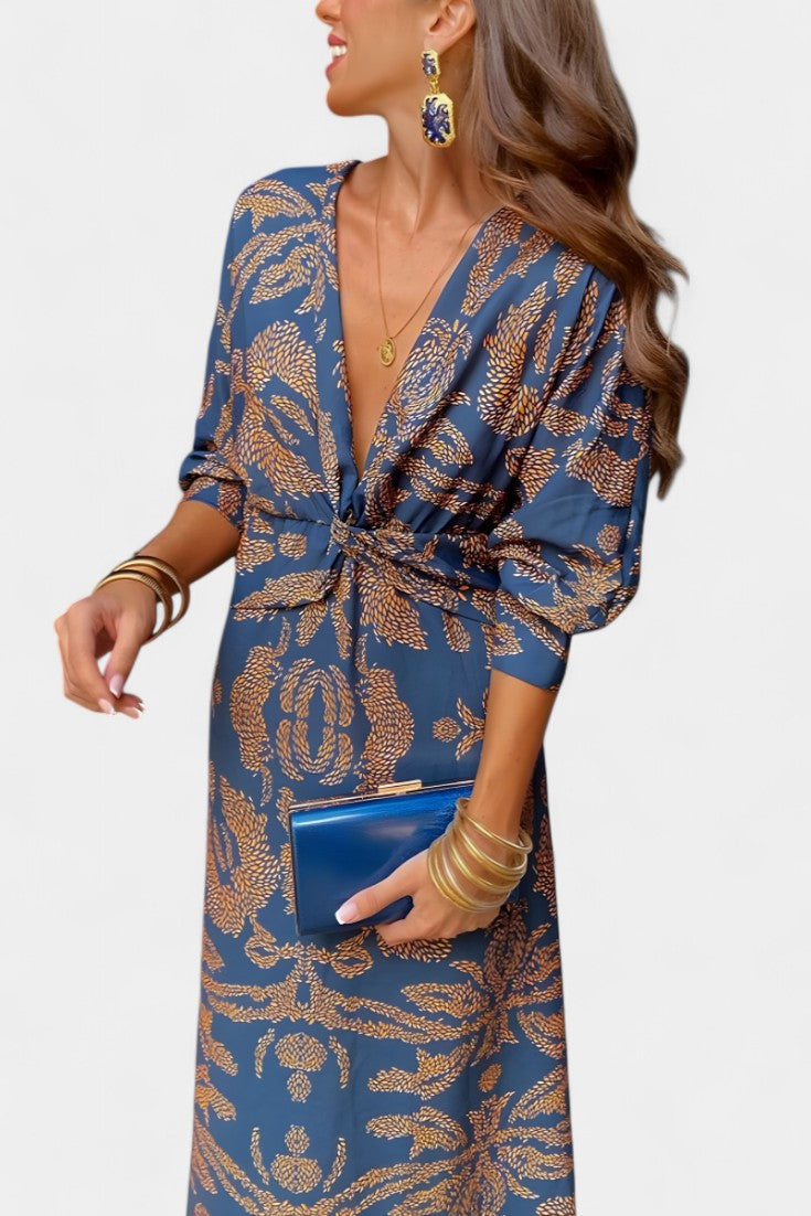 Elara - Vestido midi con nudo y estampado