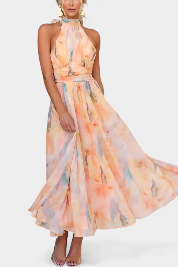 Alaia - Vestido maxi con cuello halter y estampado de acuarela