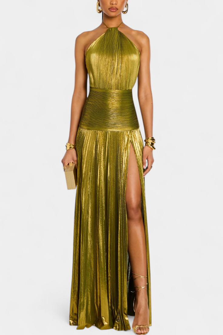 Dafne - Vestido maxi plisado glamour metálico