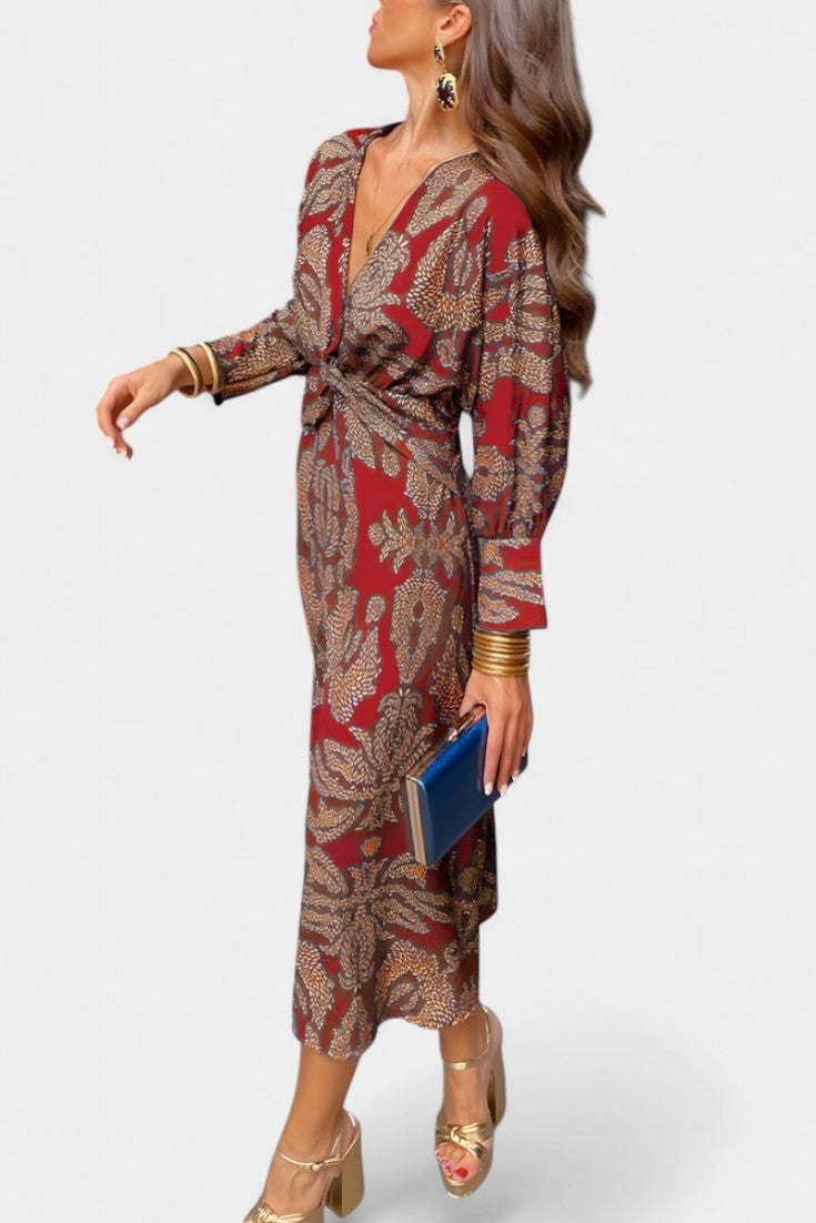 Elara - Vestido midi con nudo y estampado