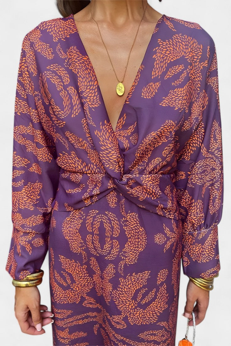 Elara - Vestido midi con nudo y estampado