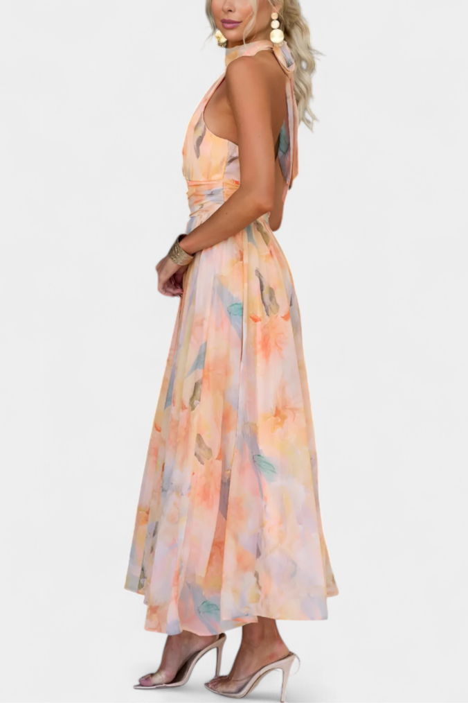 Alaia - Vestido maxi con cuello halter y estampado de acuarela