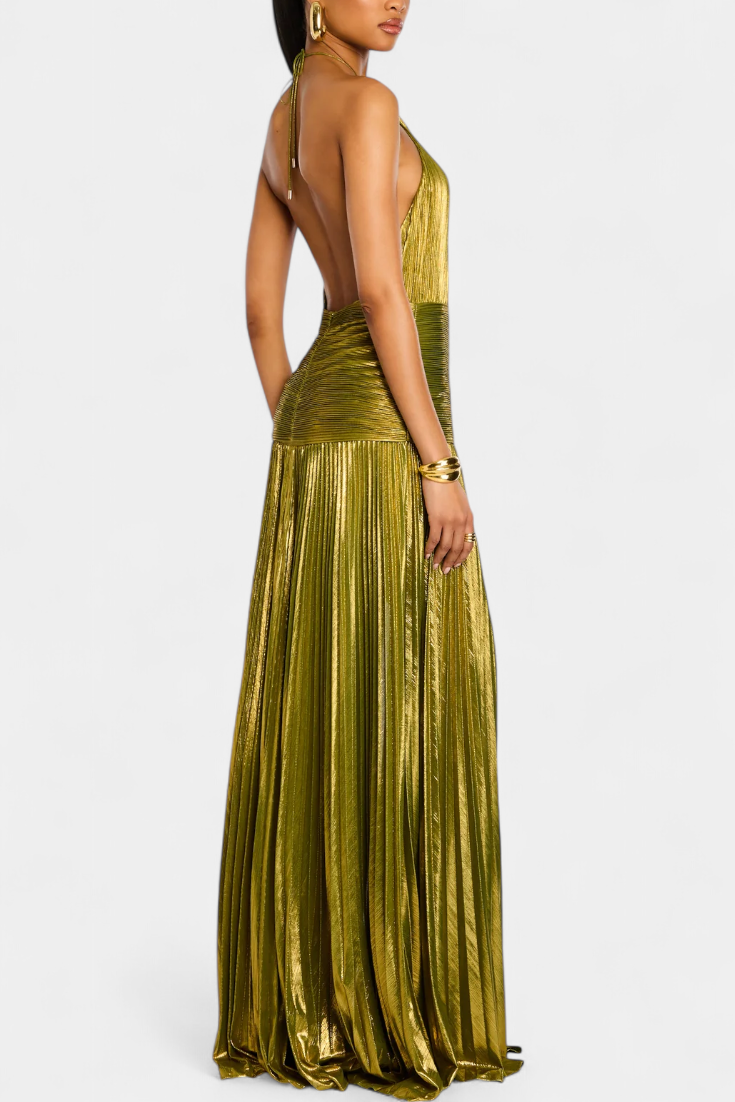 Dafne - Vestido maxi plisado glamour metálico