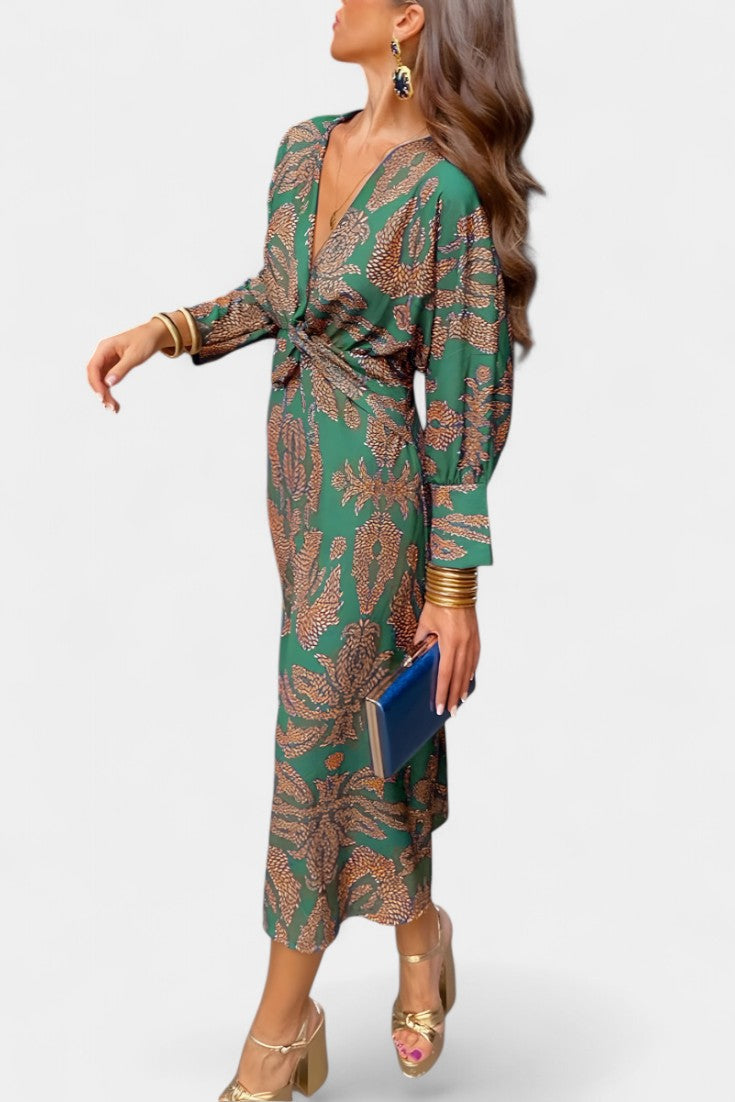 Elara - Vestido midi con nudo y estampado