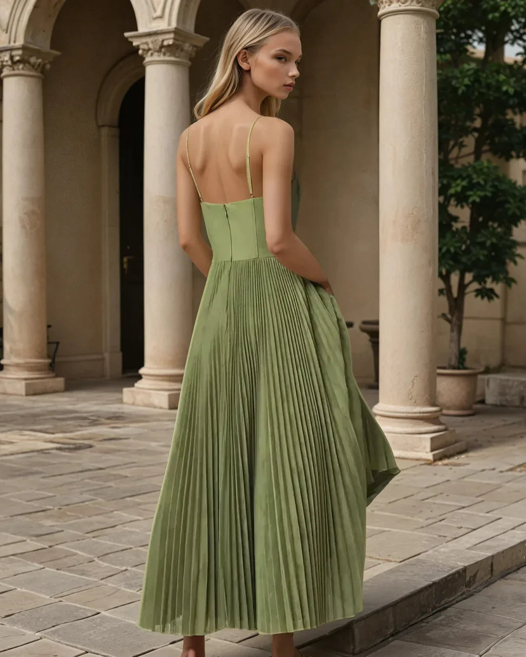 Olivia - Vestido midi plisado con corpiño estilo bustier