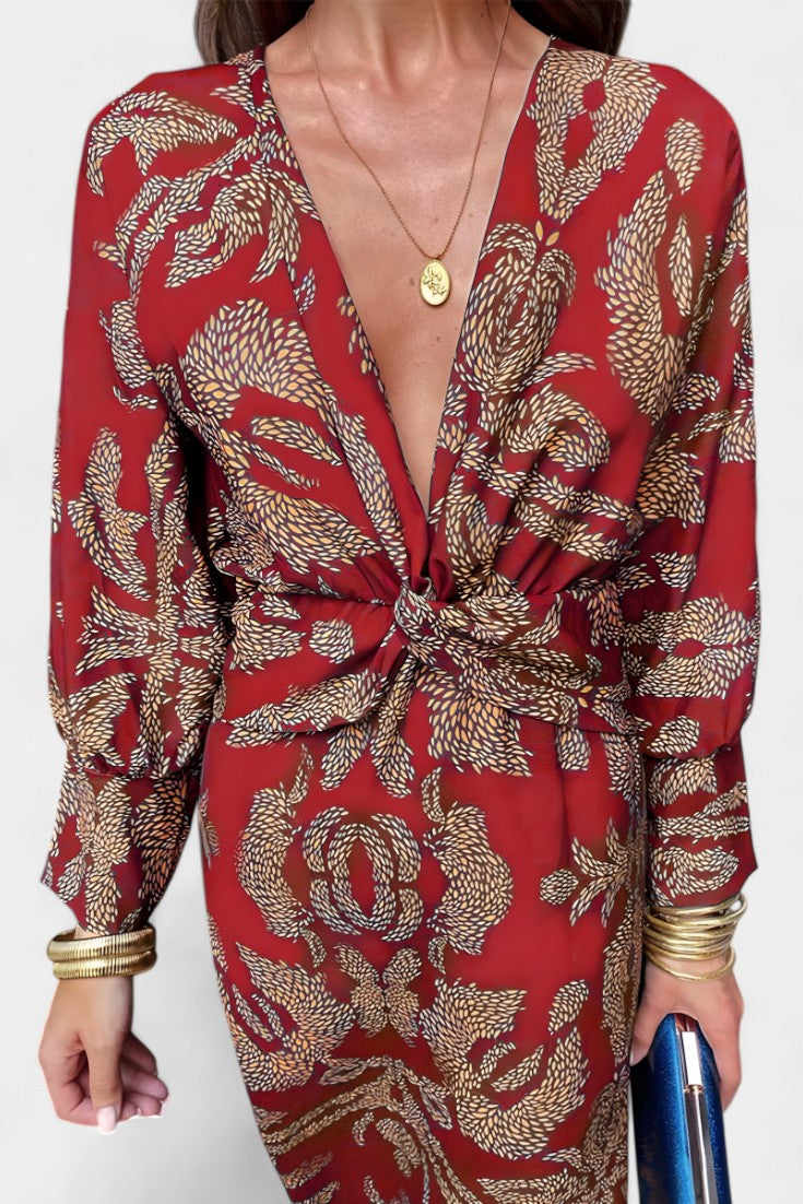 Elara - Vestido midi con nudo y estampado