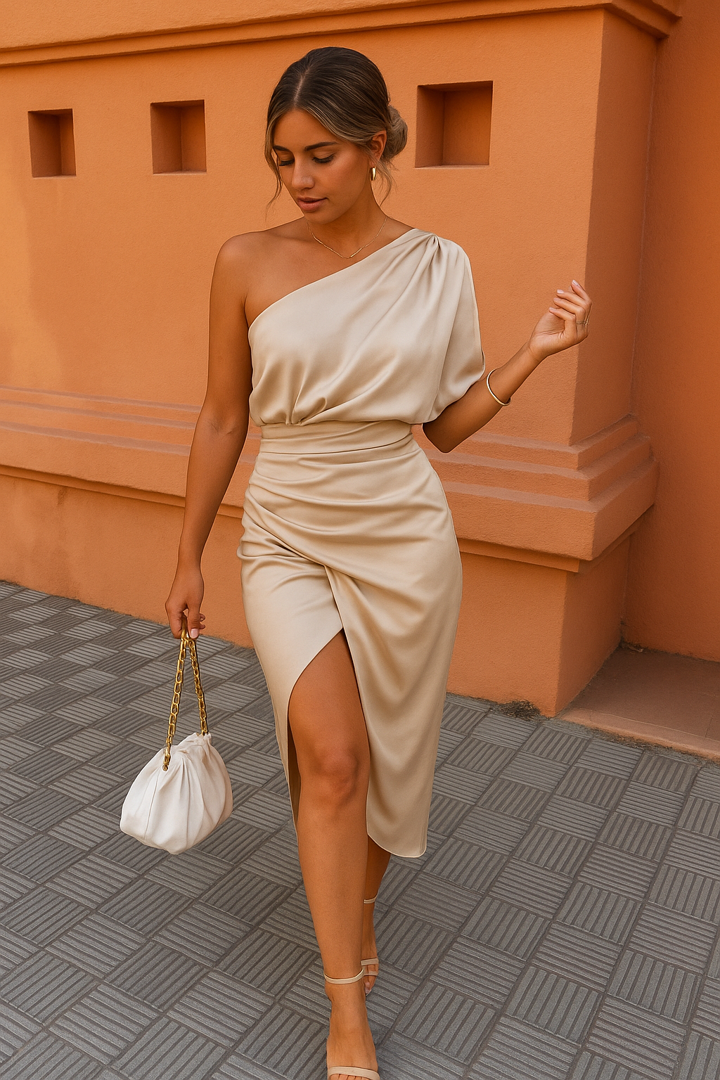 Dhalia - Vestido midi asimétrico satén deslumbrante