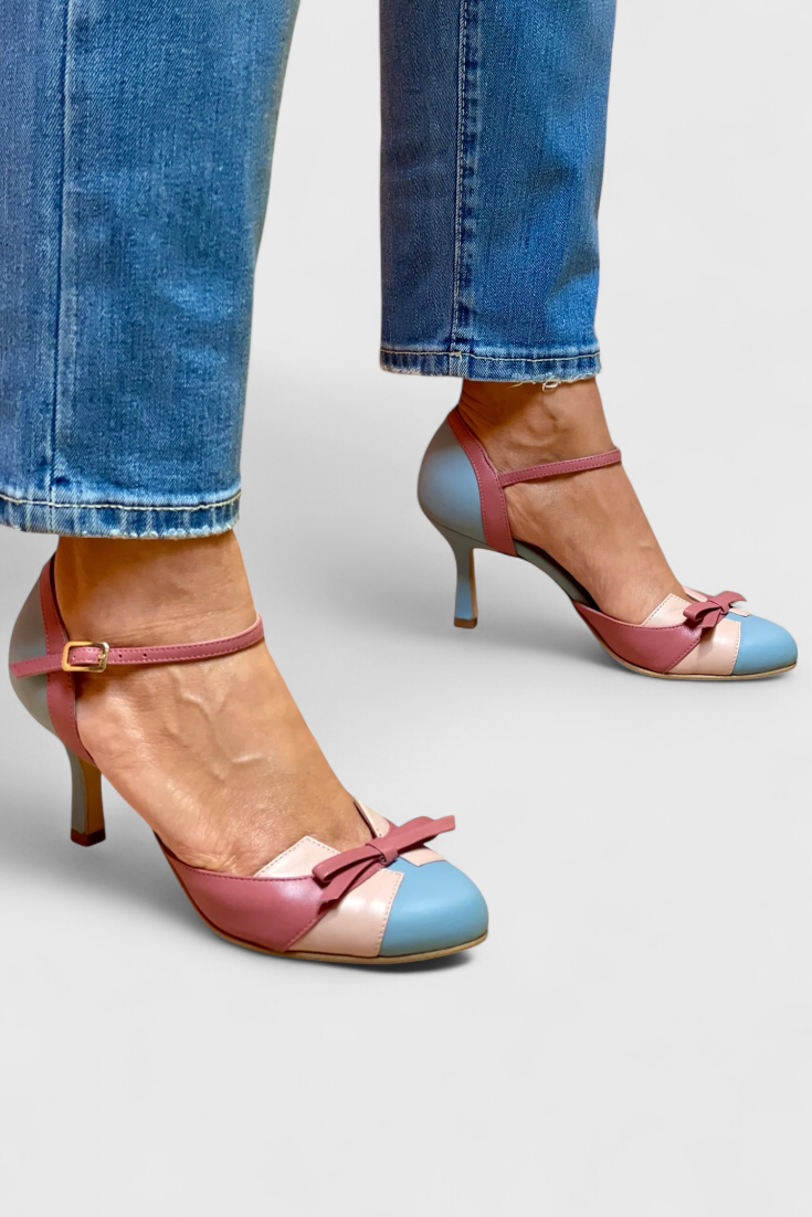 Janell - Zapatos de tacón con bloques de color y lazo