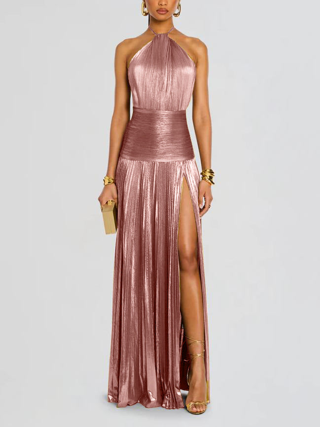 Dafne - Vestido maxi plisado glamour metálico