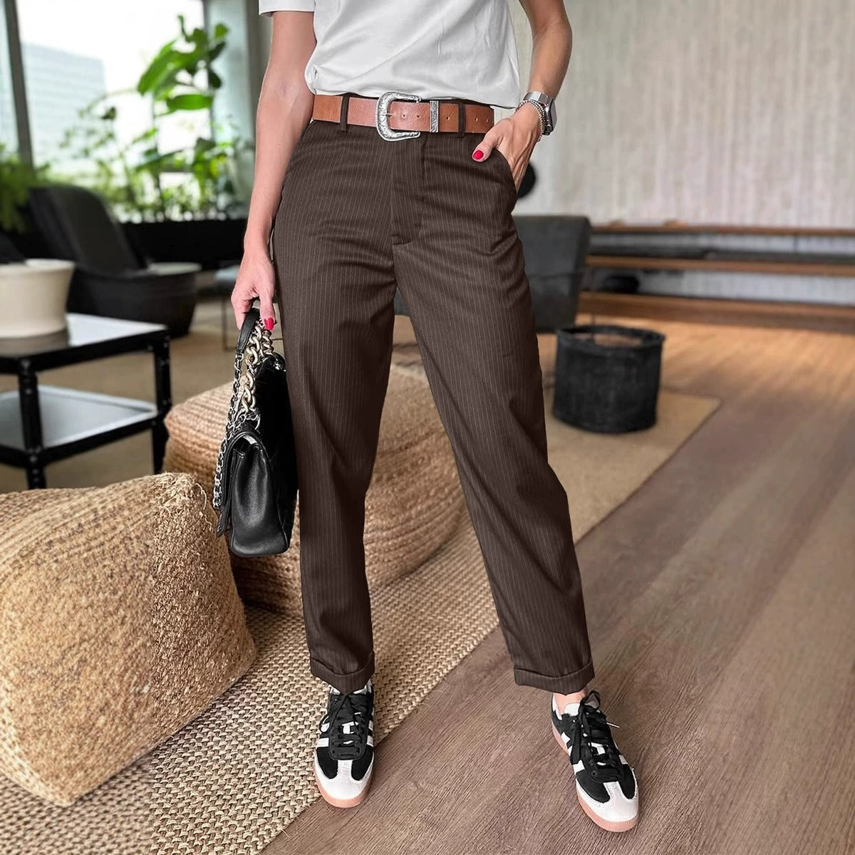 Valentina - Pantalón mujer rayas | marrón, azul, negro y gris