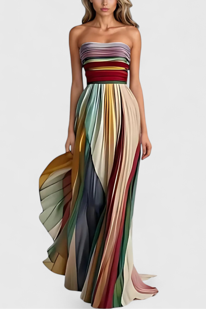 Leticia - Vestido maxi con corpiño de banda y paneles de color