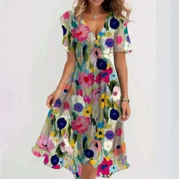 Valeria - Vestido floreado escote V y manga corta