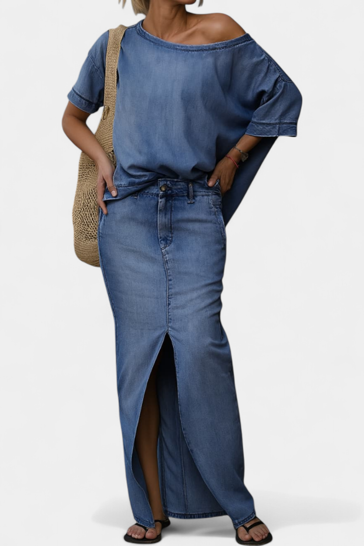 Apolonia - Conjunto de denim con falda maxi
