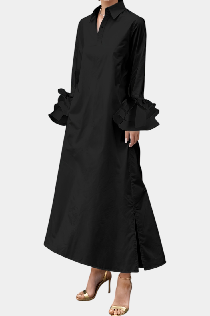 Ramona - Vestido camisero maxi elegancia con volantes