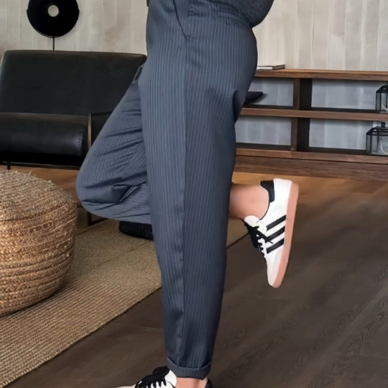 Valentina - Pantalón mujer rayas | marrón, azul, negro y gris