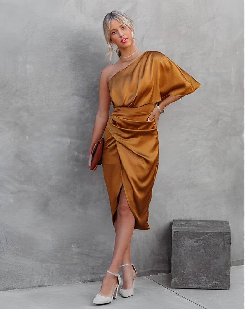 Dhalia - Vestido midi asimétrico satén deslumbrante
