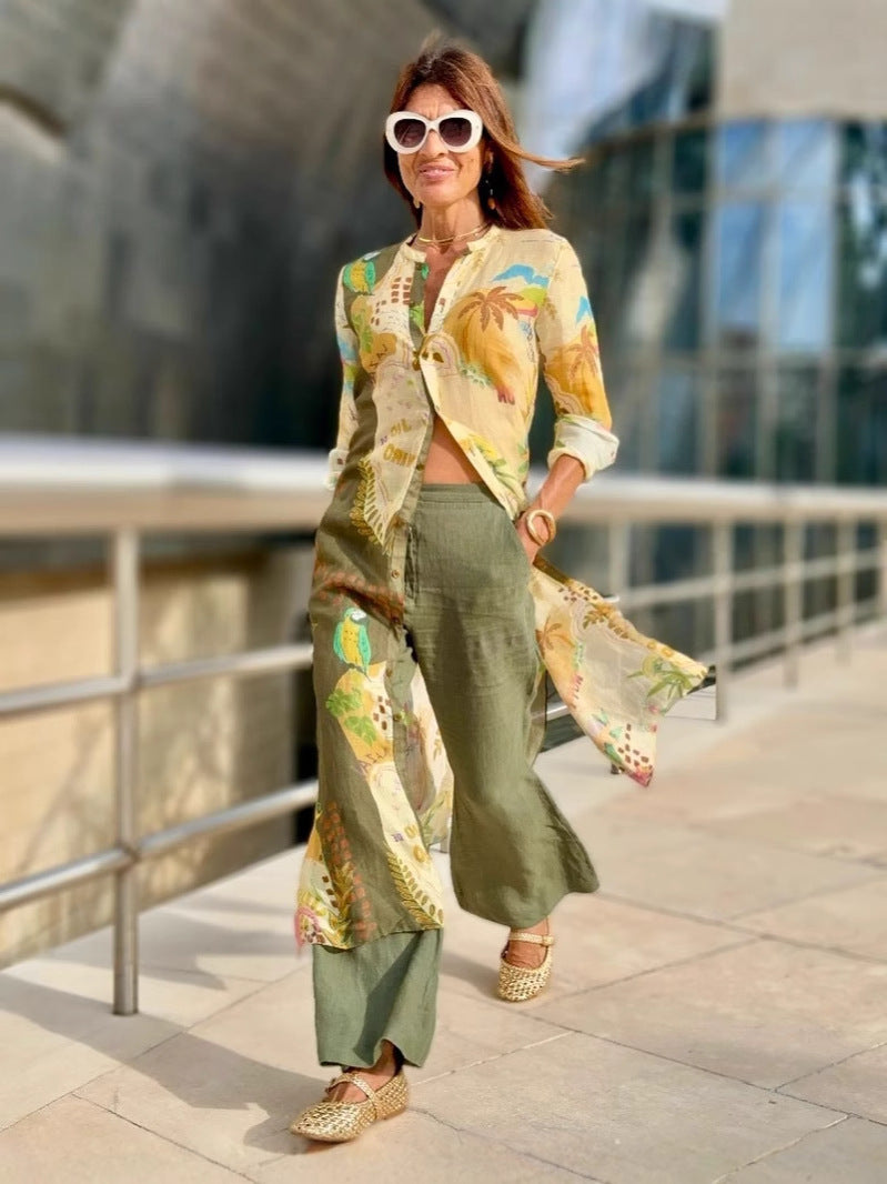 Casablanca - Conjunto de lino con pantalón y blusa estampada